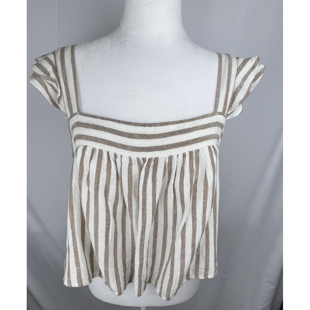 Abercrombie & Fitch Womens M Cream Tan Striped Flutter Sleeve Cropped Swing Top
